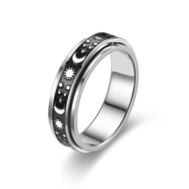 Imagem de Anel giratório preto prata sol lua e estrela ansiedade fidget anel para mulheres homens aço inoxidável giratório noivado aliança de casamento 6 mm (8)
