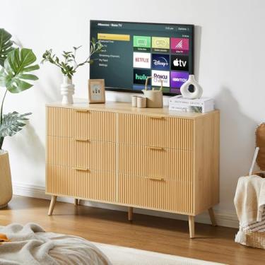 Imagem de TUNGTAR Cômoda de madeira com 6 gavetas duplas onduladas, cômoda de quarto, cômoda de madeira para quarto infantil, sala de estar, entrada e corredor, natural, 129 cm L x 40 cm P x 80 cm A.