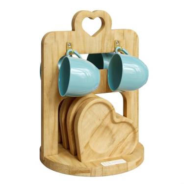 Imagem de Jogo Xicara Café Azul Porcelana com Pires e Suporte Madeira - Mundo da Porcelana