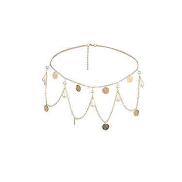 Imagem de MineSign Corrente de barriga boho para mulheres, corrente dourada com lantejoulas, pérola na cintura, acessórios para o corpo, para o verão, praia, boate, Metal, Granito