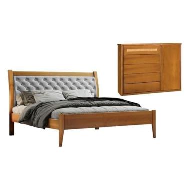 Imagem de Conjunto Quarto de Casal Cama 140cm e Cômoda 5 Gavetas com Sapateira Rattam Amêndoa Mel/Cinza Claro