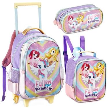 Imagem de Kit Mochila Rodinha Escolar Unicórnio Infantil Lancheira e Estojo Denl