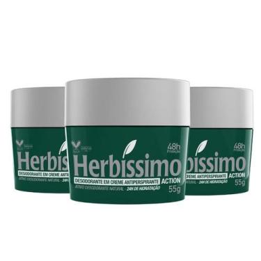 Imagem de Kit Desodorante Creme Antitranspirante Action Herbíssimo 55G - 3 unida