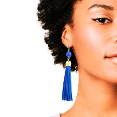 Imagem de Brinco Feminino Longo Delicado Brilhantes Chicote Azul - anjo da mamãe