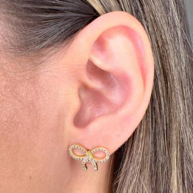 Imagem de Brinco Laço Médio Cravejado Banhado em Ouro 18k - Anastásia Joias