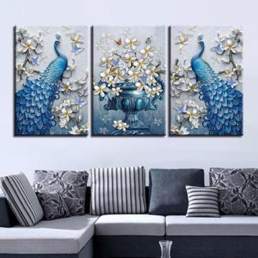 Imagem de Quadros Decorativos 3 Peças Aves Jarro Flor Azul - NEYRAD