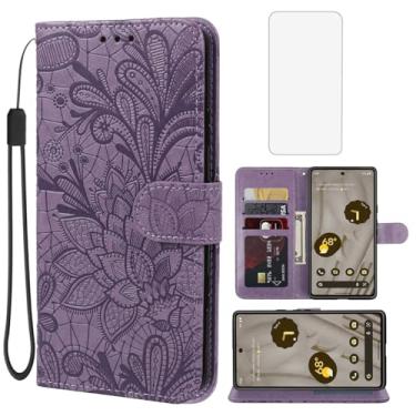 Imagem de Gufuwo Capa para Pixel 7A, capa carteira Google 7A G0DZQ com protetor de tela de vidro temperado, flor de renda, couro PU, flip com suporte para cartão de crédito, capa para celular para Google Pixel