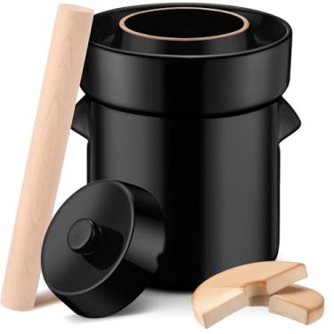 Imagem de Tioncy Panela de fermentação de 2,6 galões 10L de cerâmica com pesos de tampa e kit de panela de cerâmica marrom para fermentação de repolho em conserva chucrute picles vegetais