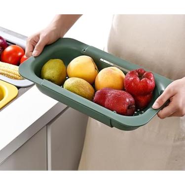 Imagem de NIWWIN Coador de cozinha dobrável, escorredor expansível sobre a pia para cozinha, coador de pia portátil de silicone ajustável, cesta de macarrão dobrável para lavagem de frutas, legumes (verde)