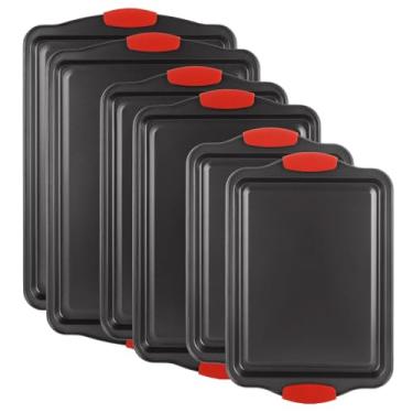 Imagem de Conjunto de 6 peças de assadeira, conjunto de folhas de biscoito com alças de silicone, 3 tamanhos antiaderentes para forno, assadeiras duráveis para forno, folhas de biscoito sem BPA para assar,