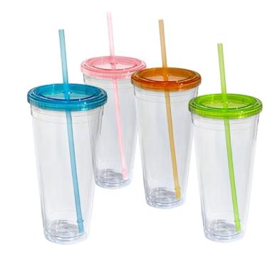 Imagem de Lily's Home Copos de copo isolados com tampas, plástico acrílico transparente de parede dupla. Perfeito para café gelado, bebidas quentes, água - freezer e prateleira superior segura para lava-louças.
