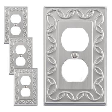 Imagem de OKAWYC Placa de cobertura de tomada dupla única, pacote com 4 placas de parede de metal NovaBloom de níquel escovado, 1 grupo, para capa de interruptor de luz, interruptor de luz de receptáculo, placa
