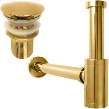 Imagem de Dona D Cor, Kit Sifão Copo Dourado Metal 1 1/4 Pol E Válvula Click 30mm Ralo De Pia Kit Banheiro Gold Brilhoso Lavatório Ralo Inox Cuba Aparente Lavabo