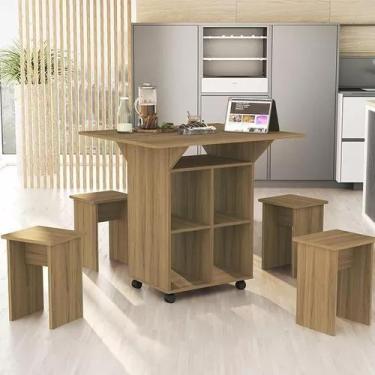 Imagem de Mesa De Cozinha Jantar Dobrável 90cm Annie C/ Bancos e Rodizio 100% Md