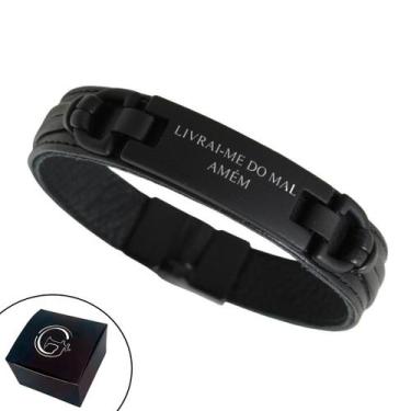 Imagem de Pulseira de Couro Masculina Magnética Livrai-me do Mal - GRANADO ACESS