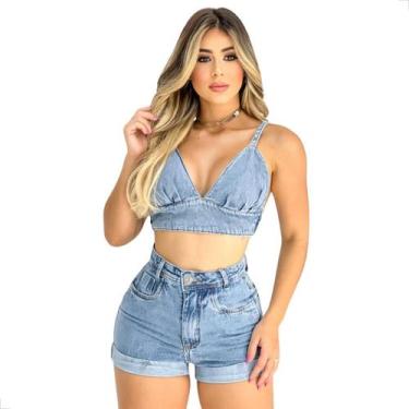 Imagem de Conjunto Cropped Jeans com Alça e Short Jeans Moda Feminina - Love Fas