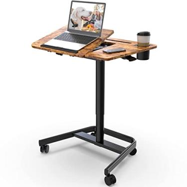 Imagem de JOY worker Mesa de pé móvel, mesa ajustável em altura pneumática, mesa de laptop dobrável de 60°, mesa de suporte portátil com suporte de copo de rodas para sofá de cama Hospital, suporta até 10 kg, rústico