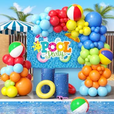 Imagem de SNLN 129 peças de decoração de festa na piscina, suprimentos de aniversário, piscina ao ar livre, tema de verão, guirlanda de balão, kit de arco, pano de fundo, bola de praia, luau, Havaí, férias,