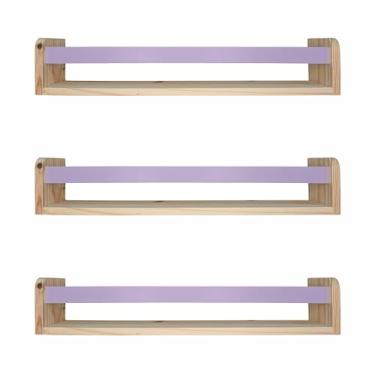 Imagem de Kit 3 Prateleiras Porta Livros em Madeira Pinus Natural Com Cerquinha Colorida Cor:Cerquinha Lavanda;Tamanho:12x60