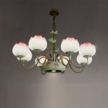 Imagem de OUFULA Luminária pendente de lótus contemporânea chinesa retrô criatividade sala de estar restaurante quarto villa hotel balcão decoração led lustre (D Pink 8 lights)