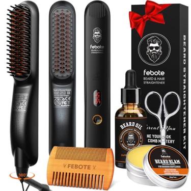 Imagem de Kit de alisador de barba com alisador de barba, bálsamo de barba, óleo de crescimento de barba, pente e tesoura para pentear, alisamento de barba 5 em 1 atualizado, presentes exclusivos para amigos,