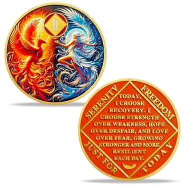 Imagem de Presentes de moeda de sobriedade de 2 anos | Moeda NA de ninfa flor de fênix - Medalhão de chip NA HA AA com oração de serenidade | Presentes de narcóticos, alcoólatras, anônimos, para aniversário,