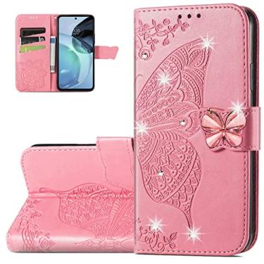 Imagem de Monwutong Capa carteira para Motorola G72, capa de telefone flip de couro PU padrão borboleta 3D com fecho magnético e compartimentos para cartão de dinheiro coldre para Moto G72, HZD strass rosa