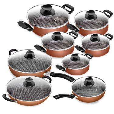 Imagem de Jogo De Panelas Antiaderente spesso Com Conjunto de Frigideiras Cobre Tampa De Vidro Temperado 8 Peças Patolux