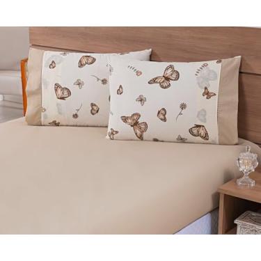 Imagem de Jogo Lençol Casal Super King Size (2,00m x 2,00x 50) 3 Peças 150 Fios 100% Algodão (borboleta caqui com caqui)