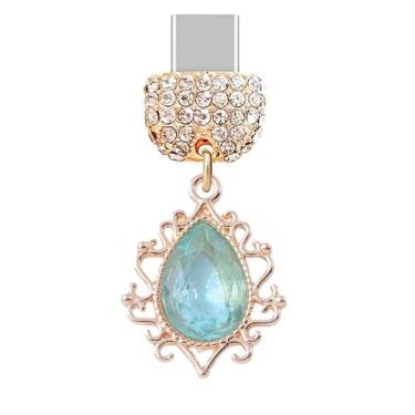 Imagem de ELISE & FONDA TP512 Tipo-C porta de carregamento cristal antipoeira pingente de telefone celular para iPhone 15/16/Samsung/OnePlus/Xiaomi/oppo telefones Android (azul), approx. 1.9 cm (L) x 0.55 cm