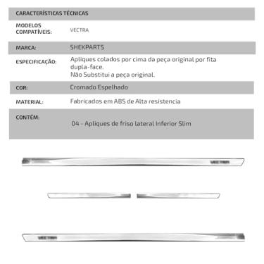 Imagem de Friso Slim Inferior Adaptável para Vectra 1994 1995 1996 1997 1998 1999 2000 2001 2002 2003 2004 2005 2006 2007 2008 2009 2010 2011 Personalizado Cromado 4 Portas