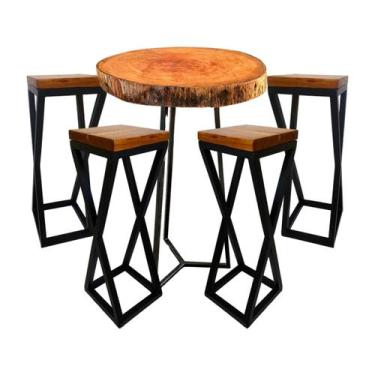 Imagem de Mesa Bistro Rústica + 4 Banquetas Alta de Cozinha Bancada Varanda Bar 