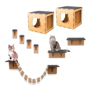Imagem de Playground 9 Peças Kit De Gato Casa Casinha Brinquedo para Gatos Circuito Parede Mdf - BoxFan