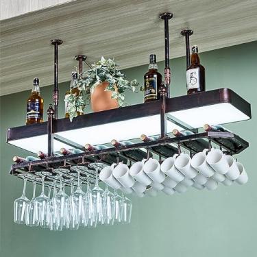 Imagem de Rack de vinho suspenso com luzes, barra de teto de metal ajustável, suporte de vidro, suporte de garrafa de ferro, prateleira de vinho para bar e cozinha (bronze 100 x 35 cm)