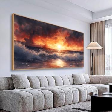 Imagem de Tucai Decor Tela grande do pôr do sol do oceano arte de parede paisagem marítima com moldura de madeira de veleiro decoração de sala de estar impressões de arte para quarto escritório 50,8 x 101,6 cm