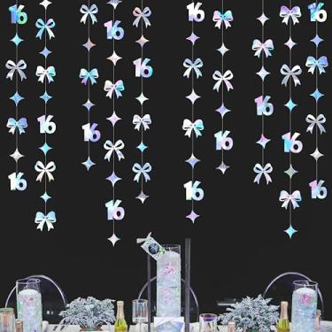 Imagem de Decorações iridescentes de aniversário de 16 anos com glitter, guirlanda de conquette, faixa de fundo para meninas, meninos, feliz aniversário de 16 anos, doces dezesseis felicidades a 16 anos de