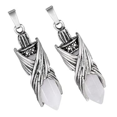 Imagem de TUMBEELLUWA Pacote com 2 colares hexagonais com pingente de ponto de cristal unissex, conjunto de pingentes de pedra facetada de asa de anjo com correntes, Pedra de cristal de rocha, Pedra de cristal