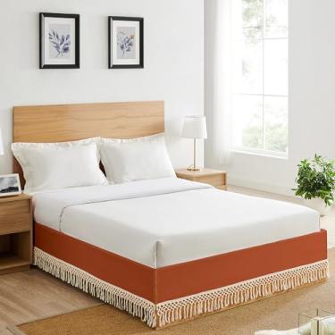 Imagem de Sweet Jojo Designs Saia para cama feminina boêmia laranja e marfim boêmio tamanho queen saia de cama plissada com babados para quarto infantil com franja branca para casa de fazenda coleção floral de