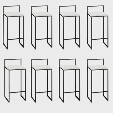 Imagem de Kit 08 Banquetas Alta Com Encosto Lino Industrial Balcão Bistrô Ferro Preto mdf Madeira Branco - Ahz Móveis