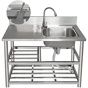 Imagem de Pia De Cozinha Em Aço Inoxidável 304, Lavatório Simples Com Bancada De Trabalho, Torneira De Água Quente E Fria Gooseneck 360°, Prateleira De Armazenamento De 3 Camadas, Comprimento: 80/100/120cm,