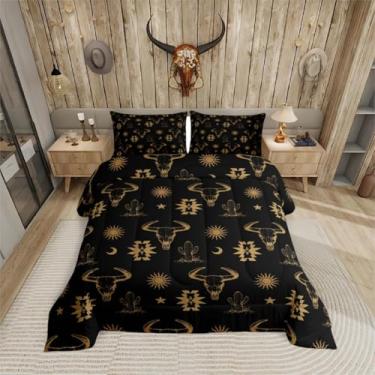 Imagem de Erosebridal Conjunto de edredom Queen com caveira de touro ocidental, boho, vaca asteca, boêmio, cacto, estrela, lua, sol, para crianças, meninos, homens, cowboy, marrom, preto, exótico, étnico,