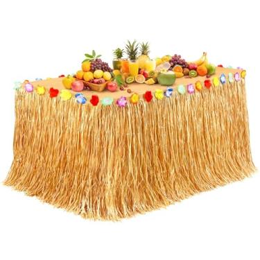 Imagem de Fovths Luau Grass Saia de mesa de 2,5 m x 75 cm Saia de mesa de grama havaiana com flores decorações de festa havaiana natural para festa de aniversário Luau verão praia suprimentos