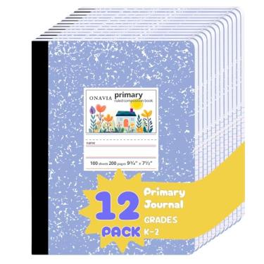 Imagem de ONAVIA Caderno de composição primária K-2, diário pautado primário com espaço para imagem, 100 folhas, 24 x 19 cm, cadernos de mármore a granel para escola, crianças, desenhos de jardim de infância e