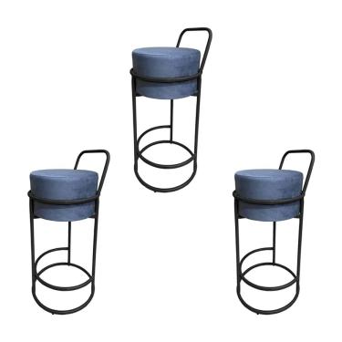 Imagem de Kit 3 Banquetas Alta Redonda Base Preta Veludo - Cinza