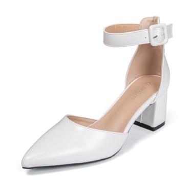 Imagem de qibusleen Sandália feminina fechada de bico fino, salto baixo, tira no tornozelo, salto grosso, sapatos femininos para festas, casamentos, elegantes e confortáveis, sandálias de camurça de couro 6 cm