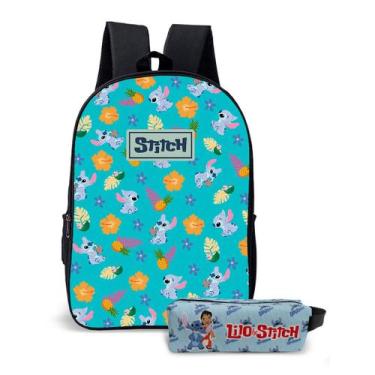 Imagem de Kit Mochila E Estojo Avulso Escolar Feminino Fundo Azul Stitch Alieníg