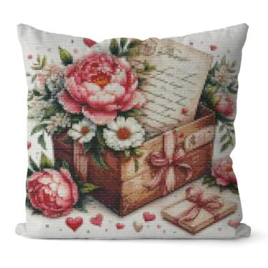 Imagem de Huacan Kit de travesseiro de ponto cruz estampado com estampa de flores sem núcleo de travesseiro para adultos iniciantes 45 x 45 cm