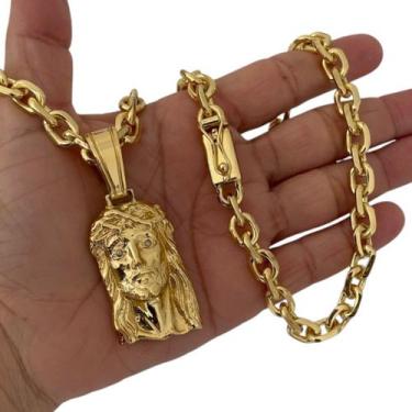 Imagem de Cordão 8mm Cadeado + Pingente Jesus Face - Banhado a ouro - ToJoia18k