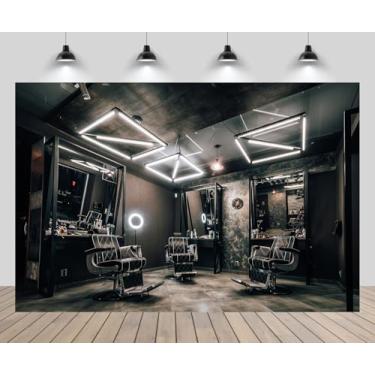 Imagem de CHNYWORK 2,4 m x 1,8 m pano de fundo moderno elegante barbearia local de trabalho cabeleireiro cabeleireiro corte de cabelo cadeira de barbeiro espelho fundo preto tema barbeiro decoração festa sessão