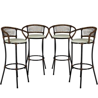 Imagem de Kit 4 Banquetas Alta Cancún Aço Assento Estofado Branco Panero Móveis